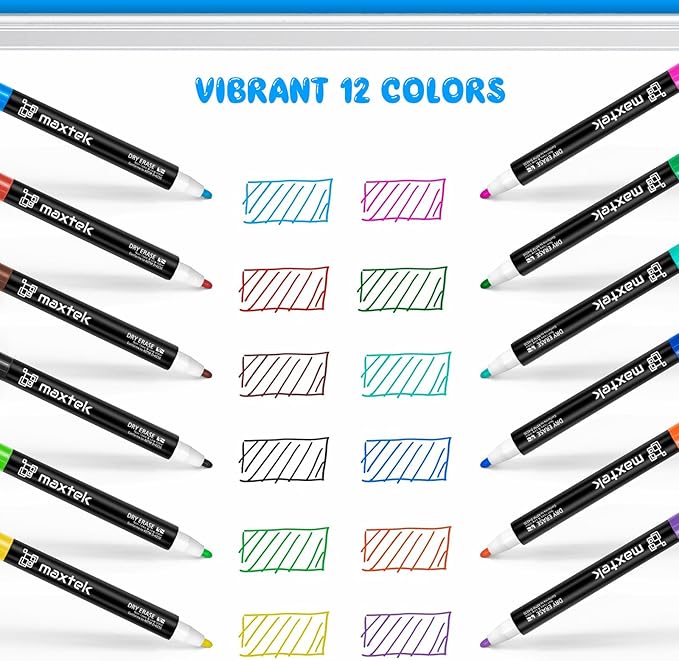 maxtek 60 Count Magnetic Dry Erase Markers, Fine Tip, 6 Colors, Low Odor Whiteboard Markers with Built-in Eraser