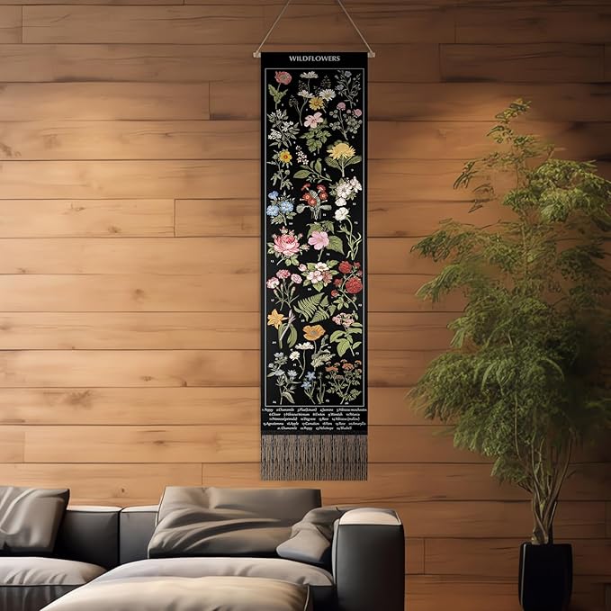 Geetery Vintage Floral Vertical Tapestry Wall Hanging Long Narrow Wall Fabric Flower Hanging Reference Illustrative Botanical Tassel Tapestry for Home Decor Gift (Black)