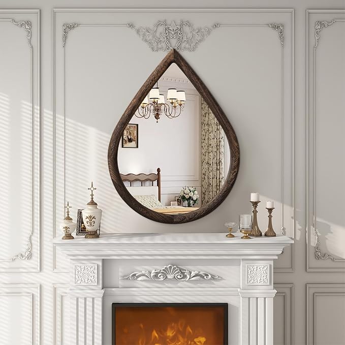 Teardrop Mirror Wall Decor Large Wall Mounted Mirrors with Wood Frame Vintage Wall Art Mirror Rustic Farmhouse Decorative Mirrors for Bathroom Entryway Living Room
