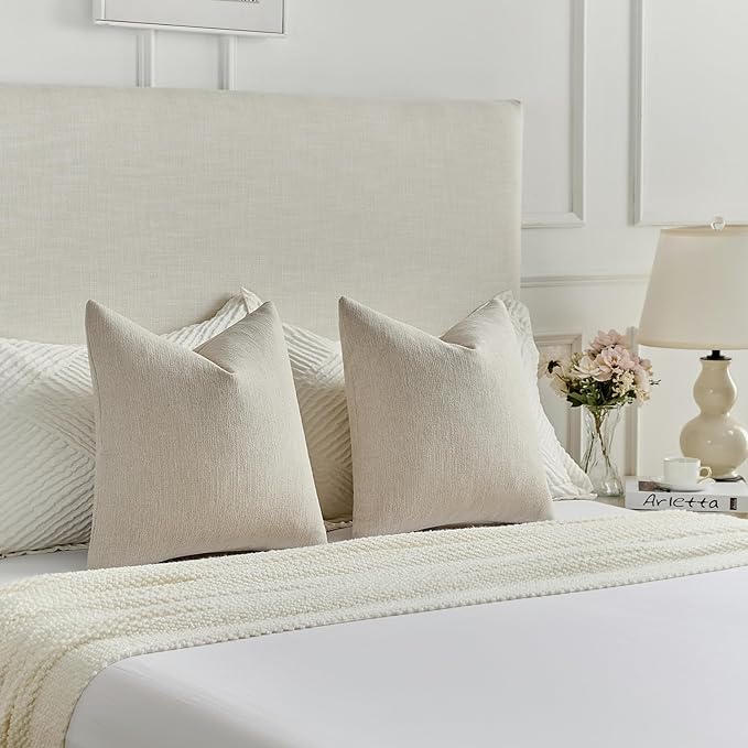 FUTEI Beige Chenille Decorative Throw Pillow Covers 12x20 Inch Set of 2,Soft Cozy Faux Linen Textured Lumbar Pillow Cases,Farmhouse Home Decor for Couch Living Room
