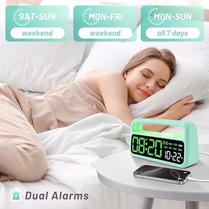 Digital Alarm Clock for Bedroom, Plug-in Digital Bedside Clock with Night Light, Large Display, Dual Alarm, Snooze, Dimmable for Adults Kids Teens, Green