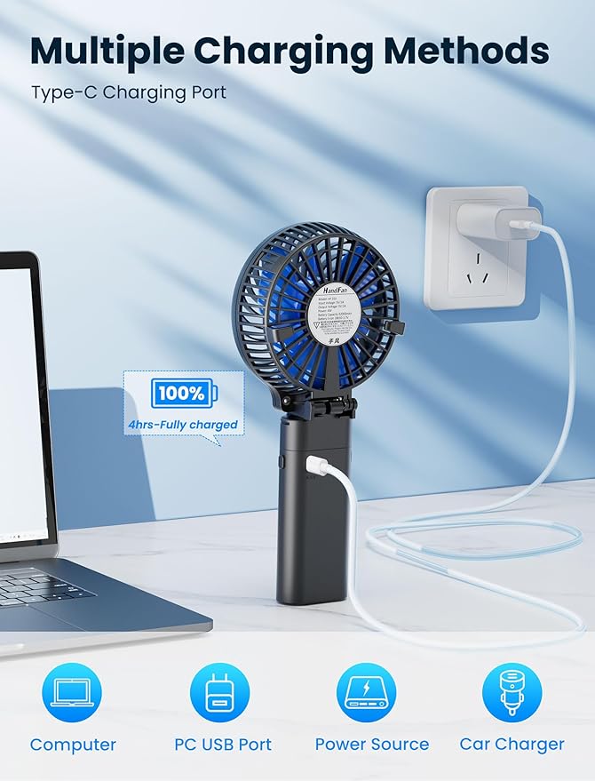 HandFan 5200mAh Portable Handheld Fan Rechargeable with Power Bank-3 Speeds Foldable Personal Cooling, 2-IN-1 Hand Held Fan Battery Operated, 20H Runtime for Travel/Summer/Concerts/Women (Black&Blue)