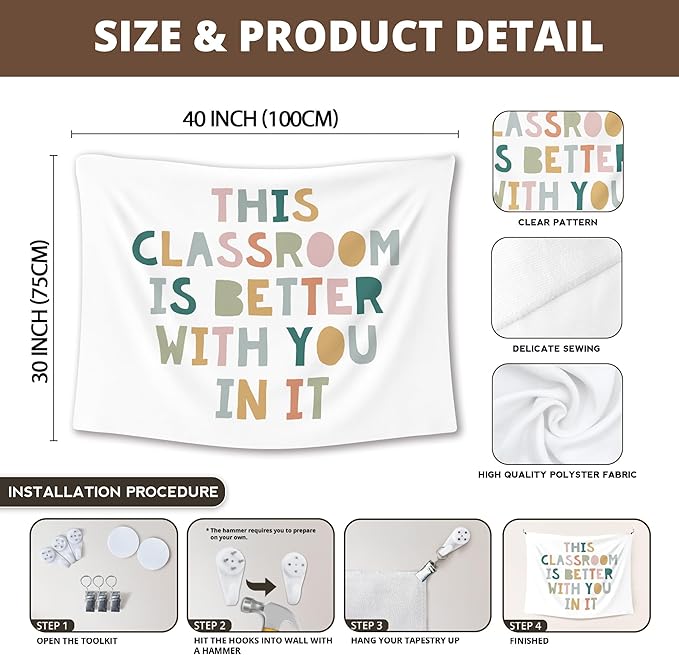 XLDLIOO Boho Classroom Tapestry, Boho Classroom Decor, This Classroom Is Better With You in It Kids Wall Tapestry Hanging, Inspirational Tapestries Decor Art for Nursery Kids Room Playroom 40x30in