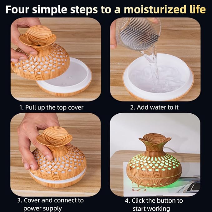 Colorful Cool Mini Humidifier, Flower Shape USB Personal Desktop Humidifier for Car, Office Room, Bedroom,etc. 2 Mist Modes, 7 colors,Super Quiet (Lightwood)