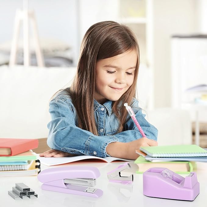 Office Supplies Set, Purple Stapler and Tape Dispenser Set with Staple Remover, Stapler and Staples Set with 1000 Staples, Clips, Tape, Scissor and Tabs, Desk Accessories for Women Student