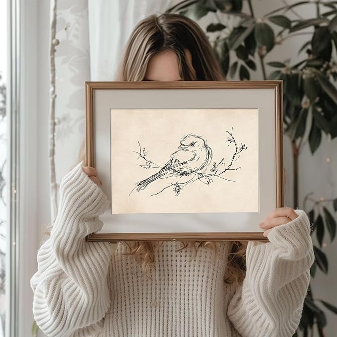 uniro Vintage Wall Art Prints Farmhouse Decor Bird Sketch Canvas Oil Painting Neutral Bird Line Drawing Beige Decor Minimalist Spring Artwork Pictures for Bedroom Gallery Living Room De cor (8" x 10"-UNFRAMED)
