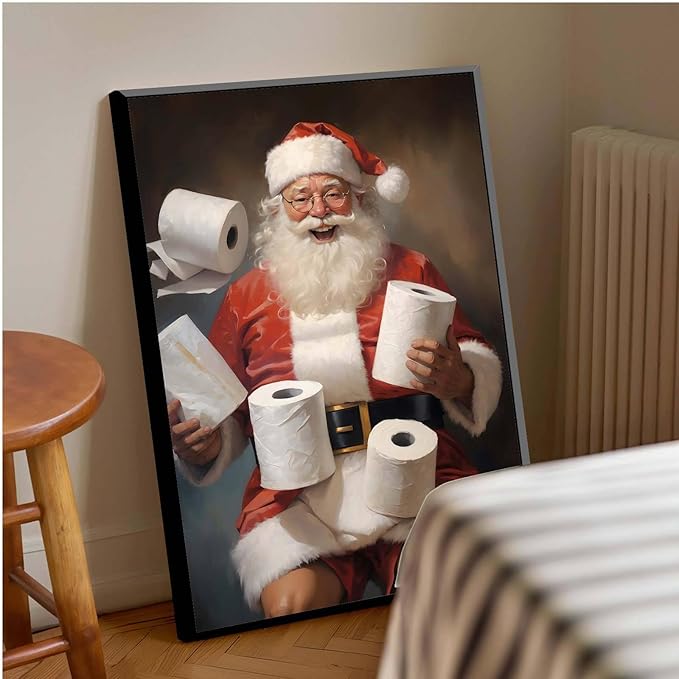 Framed Canvas Santa Bathroom Wall Art Toilet Humor Decor Vintage Christmas Holiday Wall Art Restroom Amusing Gift Santa Toilet Rolls Funny Poster 12x18in Metal blackFramed