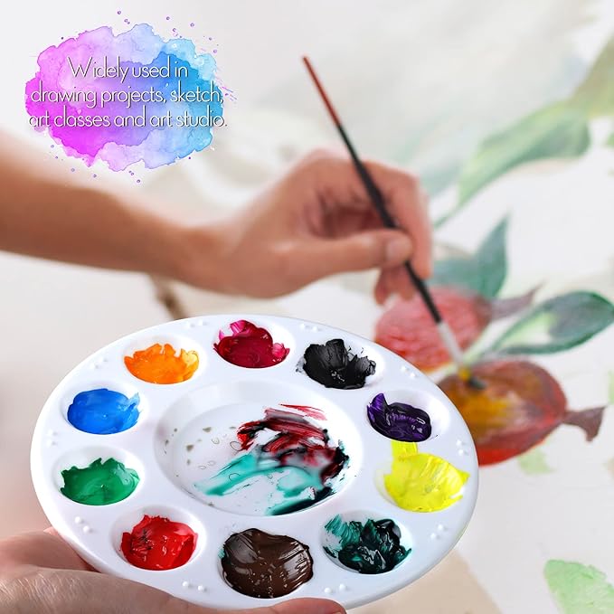FANDAMEI Paint Palette, Paint Trays for Kids, Paint Pallets with 10 Wells for Adults & Kids, Round Paint Tray Palettes, Plastic Paint Tray Palette, for Painting or DIY Craft Class, White, 2 PCS
