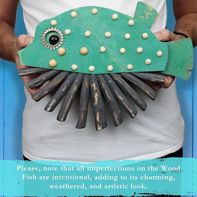Mint Bucket Brands Driftwood Fish Nautical Wall Decor - 14.5" x 9" Handmade Wooden Rustic Coastal Wall Art for Living Room, Bedroom, Office, Bathroom - Ocean Beach Decoration (Nibbles)