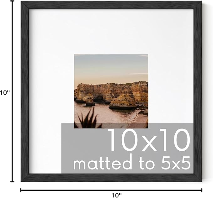 HAUS AND HUES Black Oak Wood 10x10 Picture Frame Matted to 5x5 - Square Frame with Plexiglass, Modern Wall Frame for Photos and Art (10x10 in, Black, Set of 1)