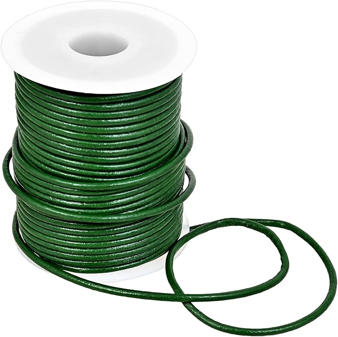 GENIQUE Real/Genuine Round Leather String Cord for Necklace, Bracelets, Jewelry, Kumihimo Braiding, DIY Projects (20 Metres) (2mm, Green)