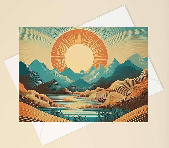 Abstract Southwestern Landscape Greeting Cards - Set of 10 All Occasion 5 x 7 Note Cards with Envelopes. Blank Inside. Modern Watercolor Designs of Desert, River and Mountains with Setting Sun