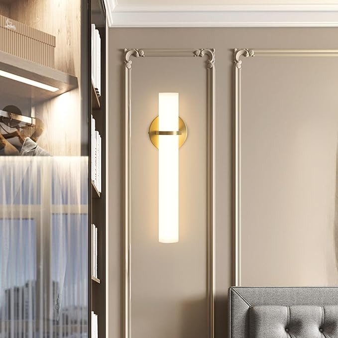 LED Dimming Wall Sconces 8W, 3000K Warm Lights Dimmable, White Lampshade Bathroom Vanity Lighting Wall Light Fixtures for Bedroom Dining Living Hallway, Antique Gold