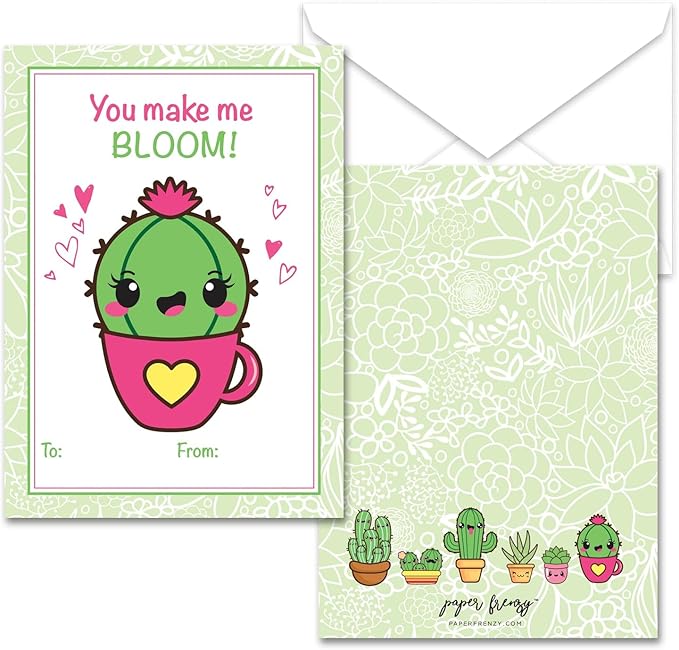 Paper Frenzy Succulent Themed Valentines - 25 pack WITH ENVELOPES