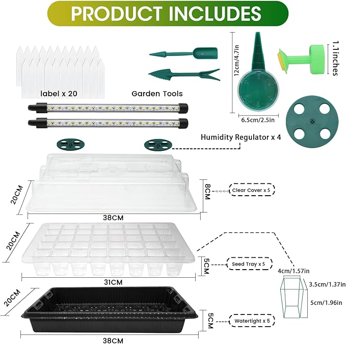 MQUPIN Seed Starter Tray with Grow Light 4 LED, 2 Pack/80 Cells Adjustable Brightness Seed Starter Kit,Seedling Starter Kit with Dome and Base for Greenhouse Seeds Growing Starting(Black)