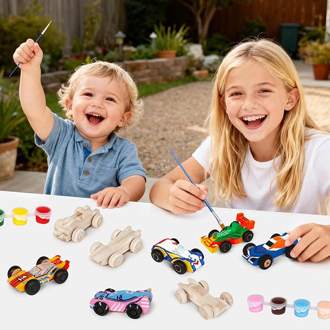 12 Pieces Unfinished Wooden Cars, Wood DIY Cars Arts and Crafts Kit for Students Home Activities Easy Woodworking and Family Time (Paints and Brushes not Included)