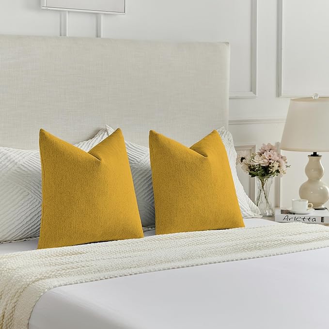FUTEI Mustard Yellow Chenille Decorative Throw Pillow Covers 24x24 Inch Set of 2,Soft Cozy Faux Linen Textured European Pillow Shams,Farmhouse Home Decor for Couch Living Room