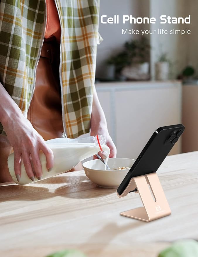 Phone Stand, Aluminum Phone Holder for iPhone 16 15 14 13 12 11 X 8 7 6 Plus 5, Tablet, Samsung, Huawei, Suitable for All Smartphones, Adding a Touch of Style to Your Office Decor, Gold