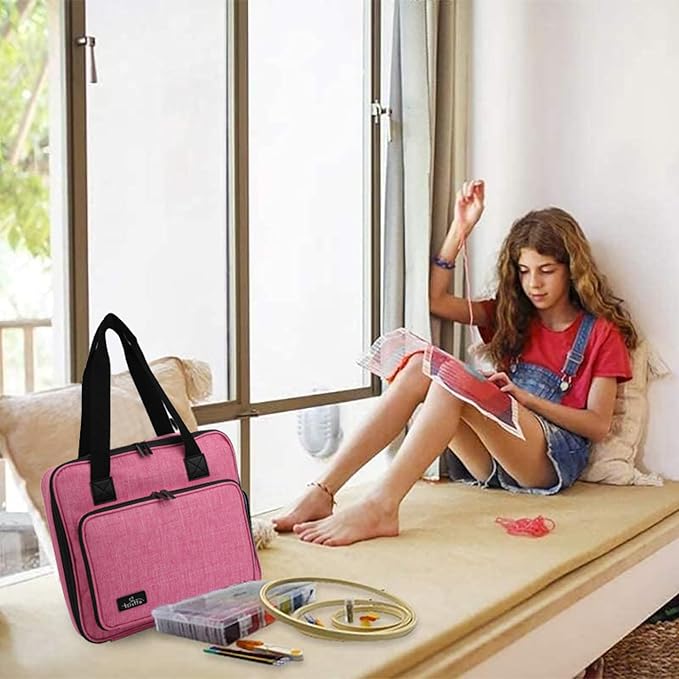 ATTERET Full Range Embroidery and Cross Stitch Starter Kit with Premium Storage Organizer Bag, Includes 99 DMC Coded Cotton Threads, 9 Metallic Floss, 3 Hoops, Needles, Scissors + More (Pink)