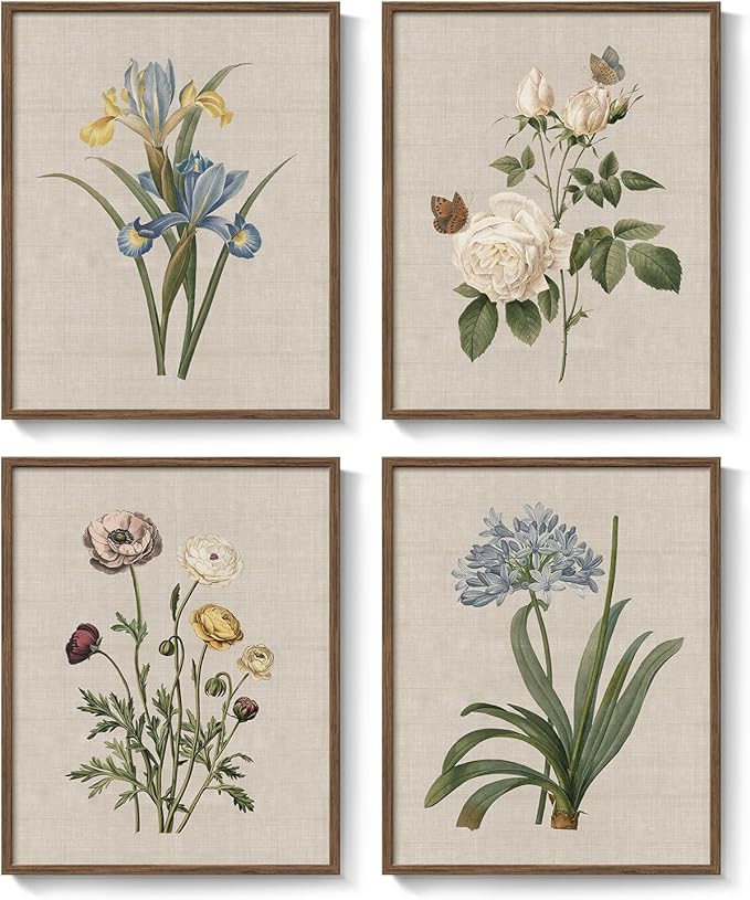 Framed Botanical Wall Art, 4 Piece Vintage Floral Canvas Painting Prints Artwork for Farmhouse Bathroom Wall Decor, Rustic Flower Butterfly Pictures for Bedroom Kitchen Hallway Home Decor, 8x10 Inch