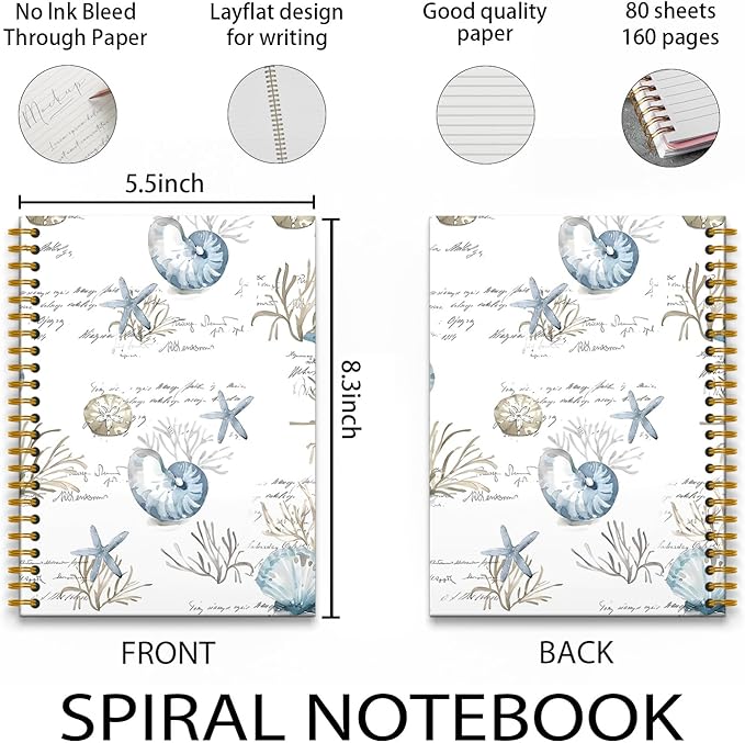 Vintage Beach Ocean Notebook, Seashell Coral Aesthetic Notebook, Ocean Composition Spiral Notebooks, Seashell Gifts, Beach Office Decor, 5.5x8.3 Inch