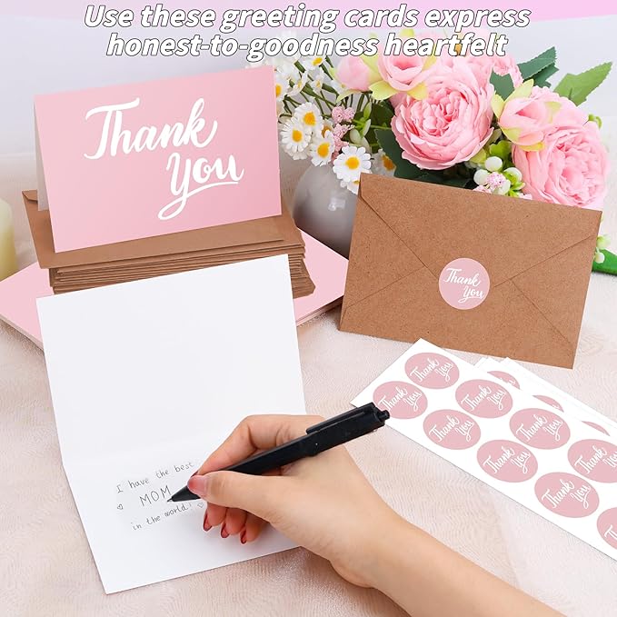 600 Pcs Pink Thank You Cards Bulk with Kraft Envelopes and Stickers 4x6 Inch Blank Thank You Notes Box Set Minimalistic Design for Business Wedding Baby Shower Graduation Bridal Shower Christmas