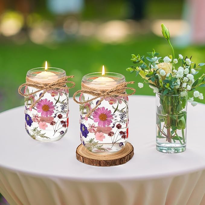 Tinideya 154 Pcs DIY Pressed Flowers Mason Jar Set Pressed Flower Lanterns 12 Mason Jar 140 Natural Real Dried Flower Centerpiece Making Favor for Christmas Wedding Candle Lantern Craft