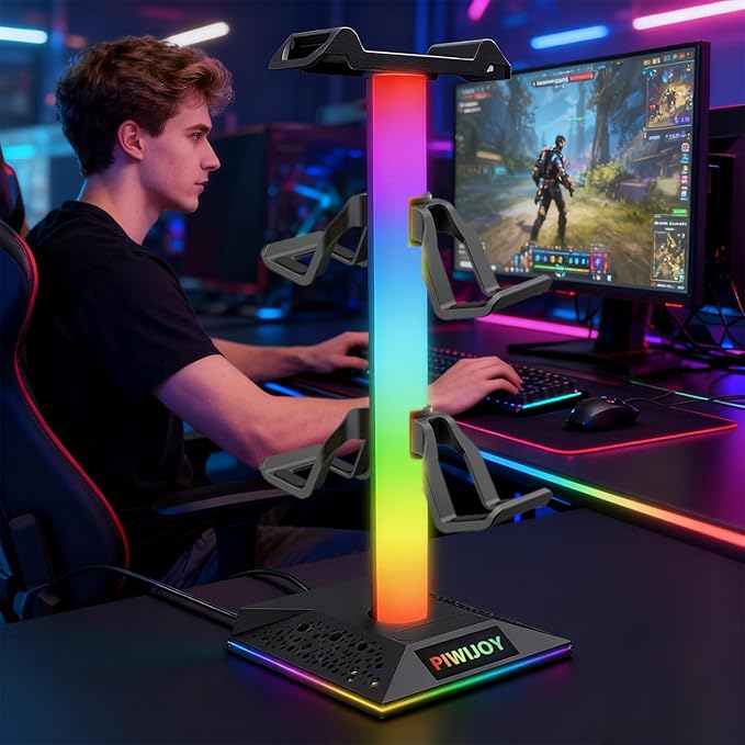 Headset and Controller RGB Stand with 10 Color Lights and Type-C Ports for PS5/PS4/Xbox Controller and Headphonesm, Gaming Desk Organizer Holder Accessories for Gaming Gift
