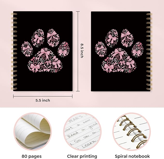 VONTP Coquette Pink Bow Dog Spiral Notebook, Dog Mom Lovers Owner Gifts for Women Journal, Pet Lover Gifts, Preppy Puppy Paws College Ruled Notebook Journal for Writing, 5.5x8.3