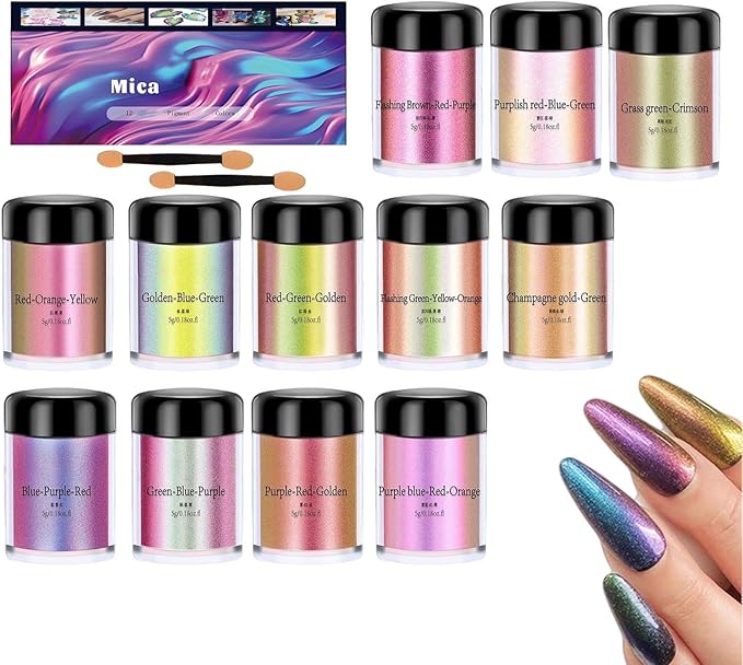 Glitter Resin Powder Color Pigment Set - 12 Bottles Pearlescent & Color-Changing Mica Powder | Cosmetic-Grade Pigment for Epoxy Resin, Candle Making, Nail Polish, Clay, Ceramics, Lip Gloss