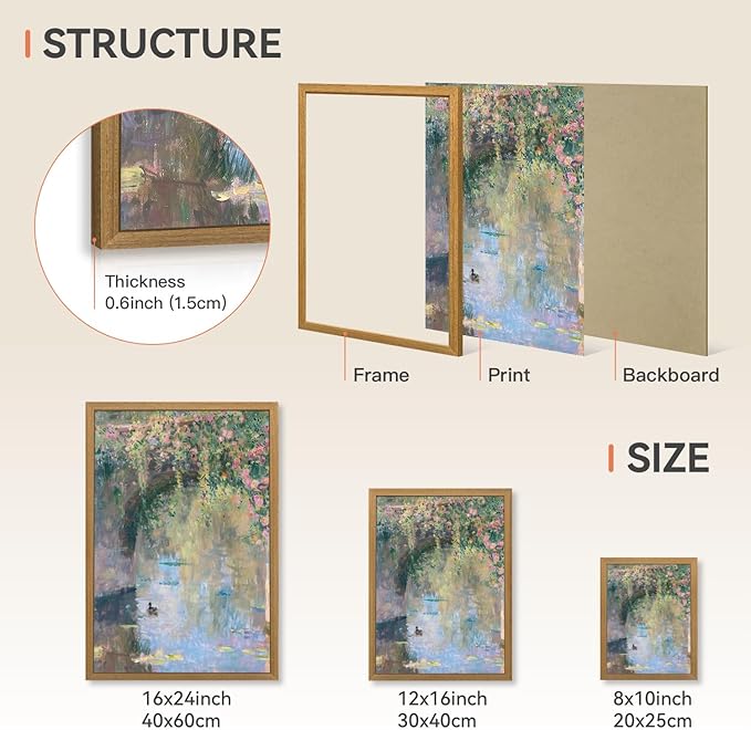 CAZLOUC Vintage Monet Floral Wall Art, Rustic Still Life Canvas Painting, Impressionist Pond Duck Wall Decor, Watercolor Botanical Landscape Poster Print for Bedroom Bathroom Wood Framed 16x24 Inch