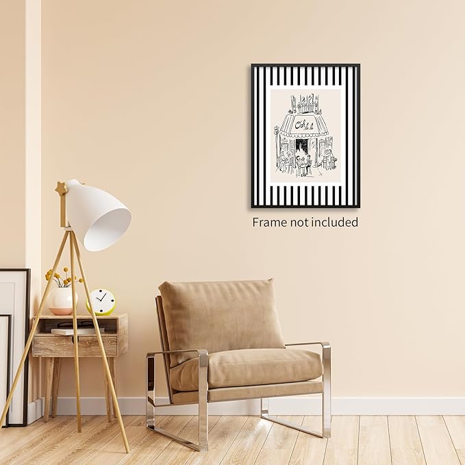 Black and White Stripe Sketch Wall Art French Paris Cafe Aesthetic Poster Funky Minimalist Canvas Prints for Kitchen Coffee Bedroom Wall Decor 08x10 inch Unframed