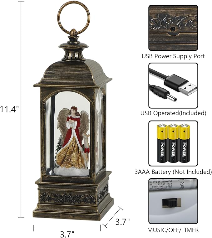 GenSwin Christmas Snow Globes with Music USB Rechargable Cable and Timer, Christmas Lantern Decorations Indoor, 1 Pcs Christmas Music Box with Angel and Reindeer for Festival PXFX-TS