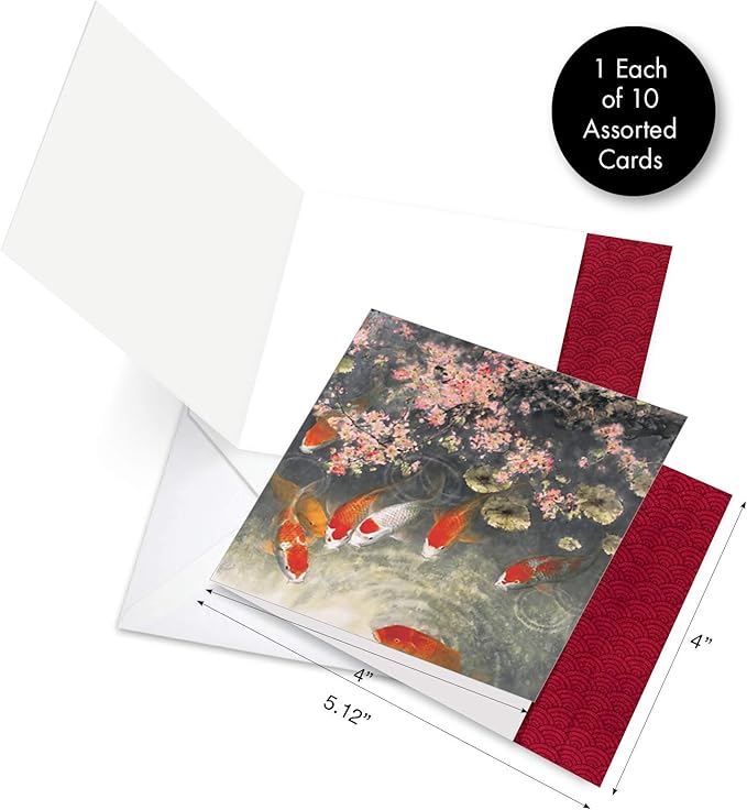 The Best Card Company - 10 All Occasion Blank Cards (4 x 5.12 Inch) - Nautical, Ocean, Sea Life Assortment of Notecards - On Goldfish Pond MQ4944OCB-B1x10