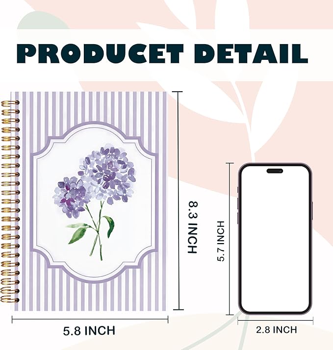 Coquette Preppy Purple Hydrangea Notebooks, Purple and White Stripes Girly Floral Journal, Aesthetic Hydrangea Flower Spiral Notebook Journal for Note Taking, Girly Office Supplies, 5.5x8.3 Inch