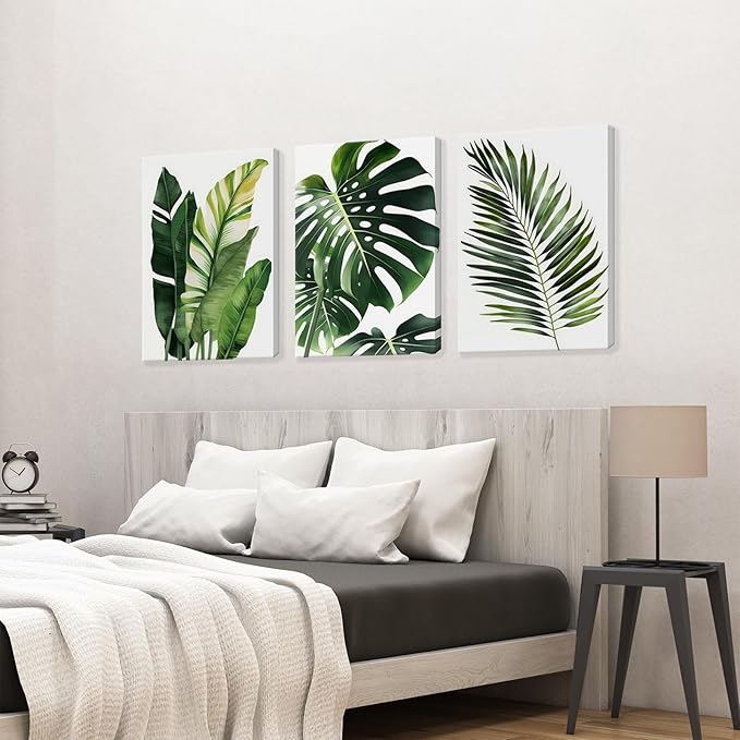 3pcs Framed Canvas Prints Botanical Leaf Modern Plant Palm Leaves Banana Leaf Tropical Wall Art Decor Canvas Poster Gallery Bathroom Bedroom Living Room Office 16x24 Inch Ready to Hang