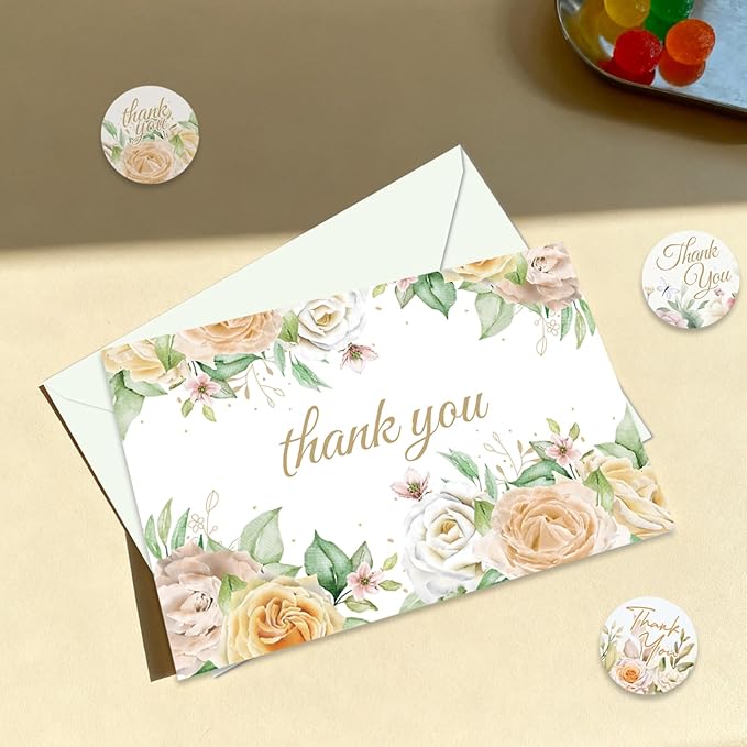 48Pcs Thank You Cards with Envelopes and Stickers for Weddings, Bridal Shower, Baby Shower, Small Business