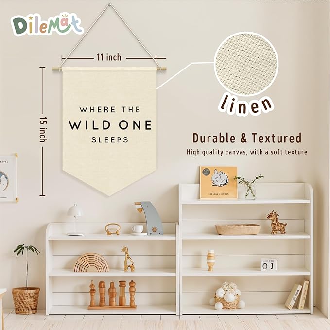 Bedroom Decor Where The Wild One Sleeps Linen Pennant Banner,Adventure Nursery Wall Hanging Flag Banner for Nursery Kids Room Playroom Camper Decor