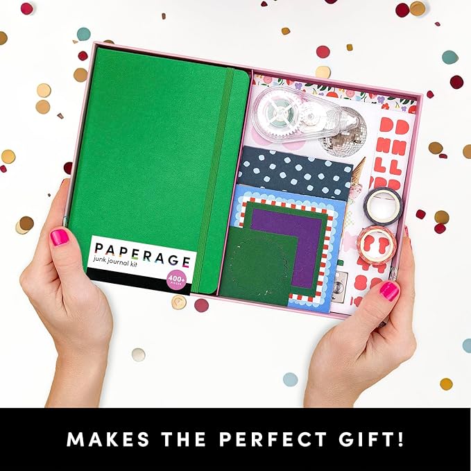 PAPERAGE Junk Journal & Scrapbook Kit, Hardcover Blank Journal Notebook, 20 Patterned Papers, 8 Sticker Sheets, 20 Die-Cut Shapes, 2 Washi Tapes & Tape Roller, Creative Journaling Supplies - Raspberry