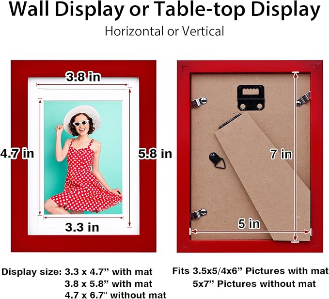 KINLINK 5x7 Picture Frame Red, Solid Wood Frames with Acrylic Plexiglass for 3.5x5/4x6 with Mat or 5x7 without Mat, Tabletop and Wall Display Photo Frame Set of 4