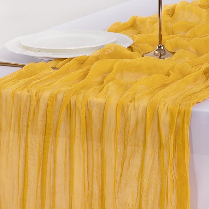 Socomi 6pcs Gold Yellow Valentine's Day Cheesecloth Table Runner Boho Rustic Gauze 120 inch 10FT Cheese Cloth Runner for Wedding Party Baby Shower Birthday Home Decor Holiday Decorations