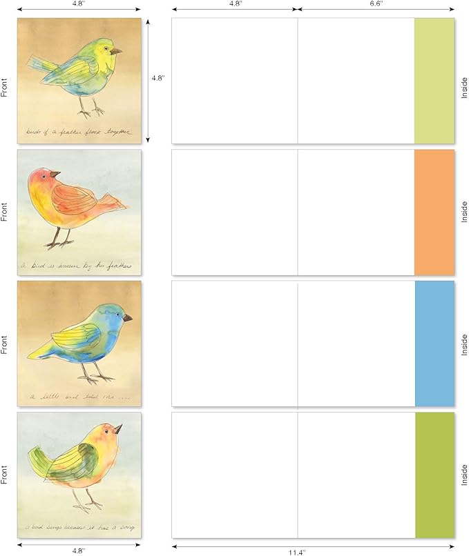 The Best Card Company - 12 Beautiful Blank Note Cards Bulk (4 x 5.12 Inch) (4 Designs, 3 Each) - Watercolor Tweets MQ4633OCB-B3x4