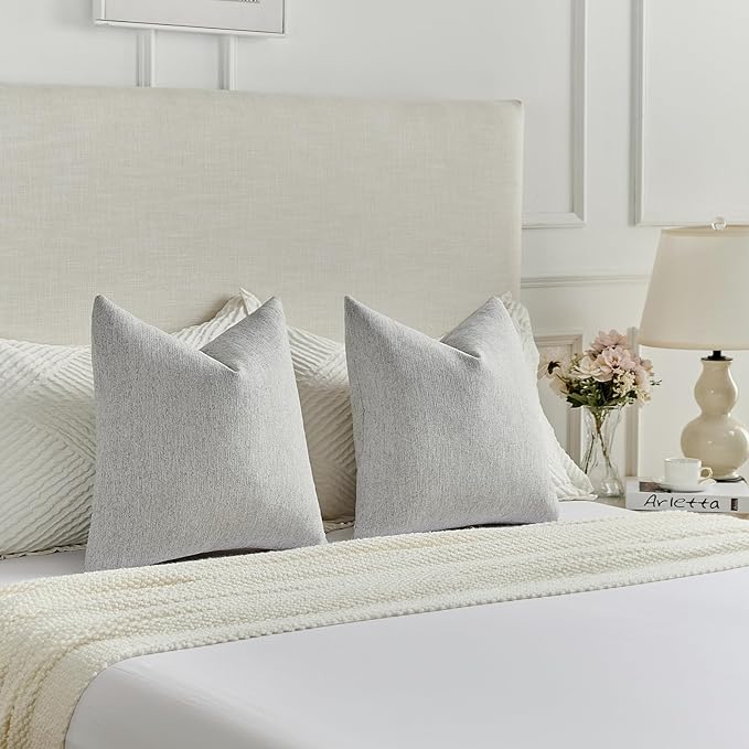 FUTEI Light Grey Chenille Decorative Throw Pillow Covers 18x18 Inch Set of 2,Soft Cozy Faux Linen Textured Cushion Case,Farmhouse Home Decor for Couch Living Room