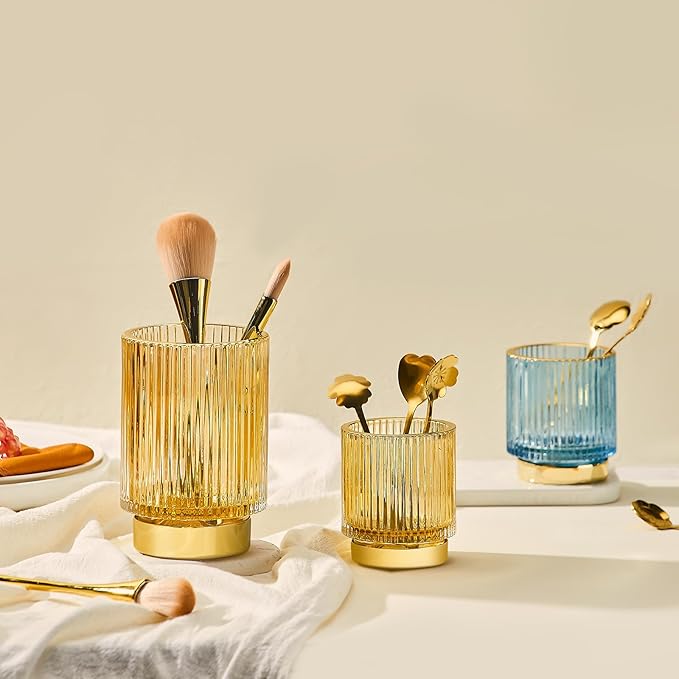 Makeup Brush Holder Organizer,Toothbrush Holders,Desk Pen Pencil Holder,Multifunctional Vintage Glass Brush Cup(L/Gold/A3-7-US)
