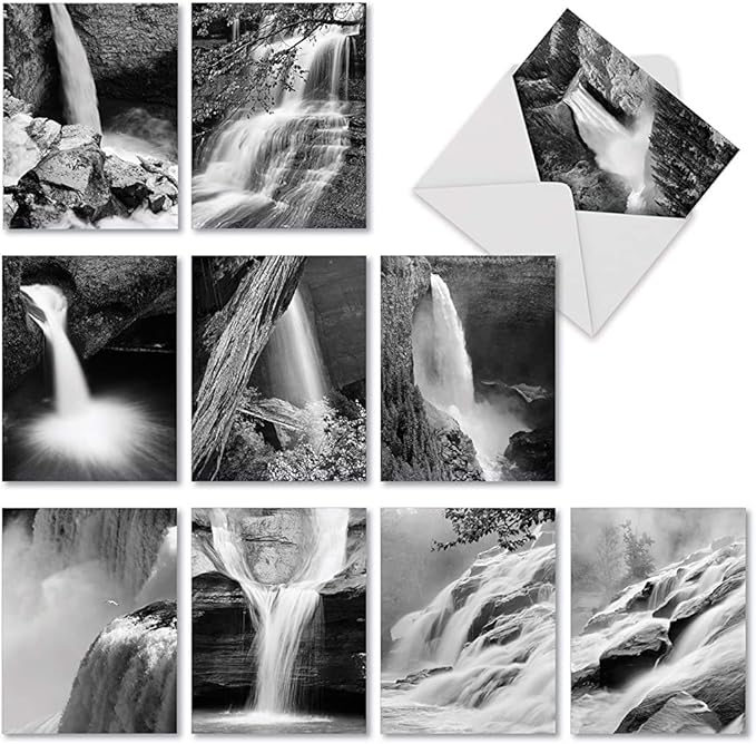 The Best Card Company - 10 Blank Note Cards with Envelopes (4 x 5.12 Inch) - Black & White Photos, Bulk Boxed Set - Falling Waters M3312
