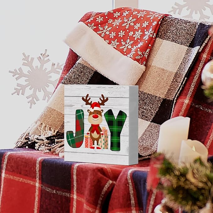 Rustic Winter Merry Christmas Joy Deer Wood Box Sign, Farmhouse Christmas Santa Artwork Decor, Wood Square Sign Desk Block Signs Home Shelf Office Decoration 5 x 5 Inches