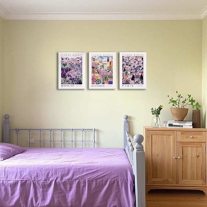 XLARTMY Flower Market Wall Art Prints Canvas Purple and Pink Floral Paintings Colorful Botanical Travel Flower Posters for Home Decor Pictures Set of 3 for Living Room Bedroom 12x16in