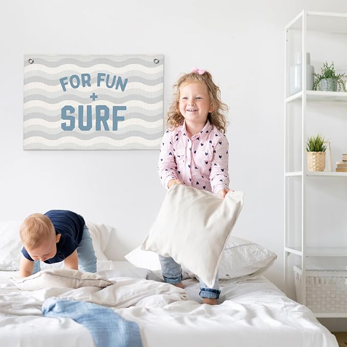 Coastal Beach for Fun Surf Minimalist Waves Kids Room Decor - Linen Banner Wall Hanging Canvas Banner Flag Decor for Kids Toddler Bedroom Nursery Playroom