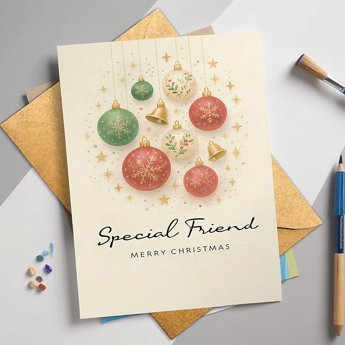 (5.3x8in) Special Friend Merry Christmas Card, Elegant Holiday Greeting with Red and Green Baubles, Gold Bells Stars, Festive Friendship Card for Best Friend, Female or Coworker (Xmas 47)