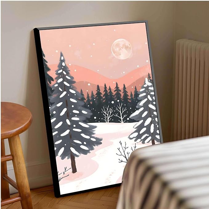 Framed Canvas Wall Art serene winter landscape art print Christmas snow cosy winter's day 20x30in Metal blackFramed